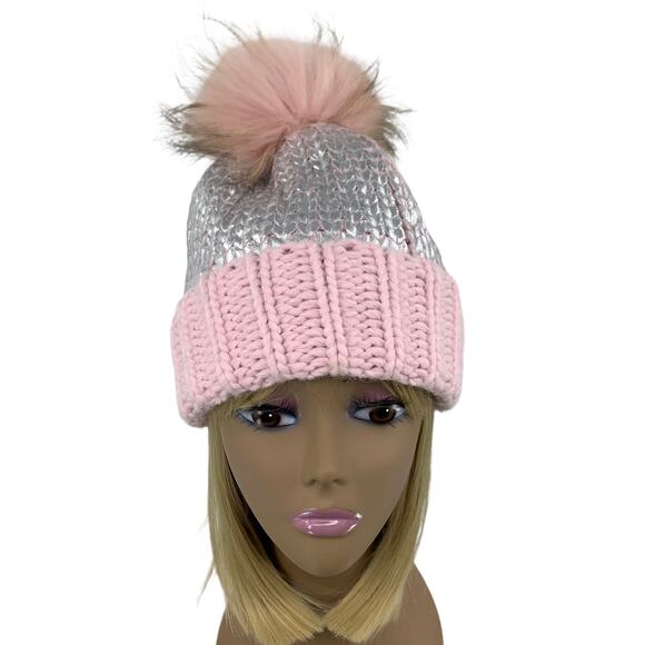 Light Pink & Silver Wool Blend Beanie Hat Genuine Raccoon Fur Pom-Pom by AQUA